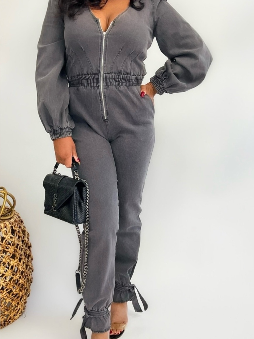 Women's Charcoal Zip-Front Jumpsuit
